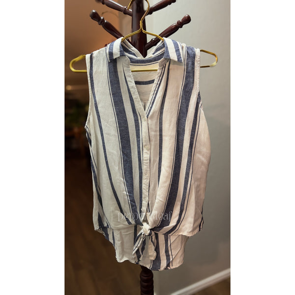 thread & supply, sleeveless button up collared blouse, blue & white stripes