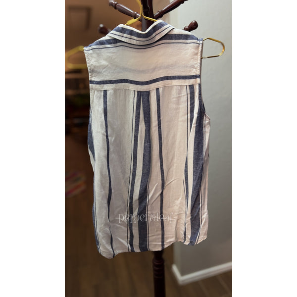 thread & supply, sleeveless button up collared blouse, blue & white stripes